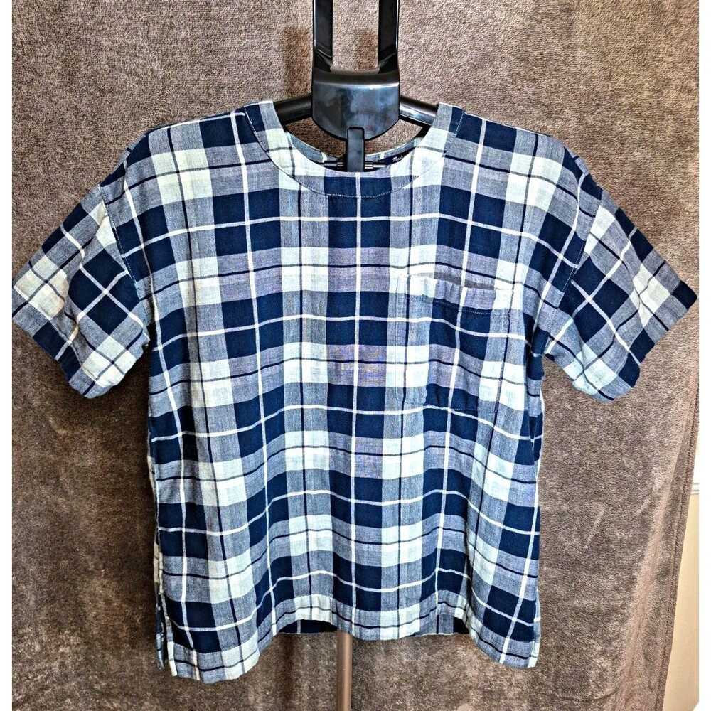 Madewell Blue White Plaid Woven Round Neck Zip Pocket Top Short Sleeve M